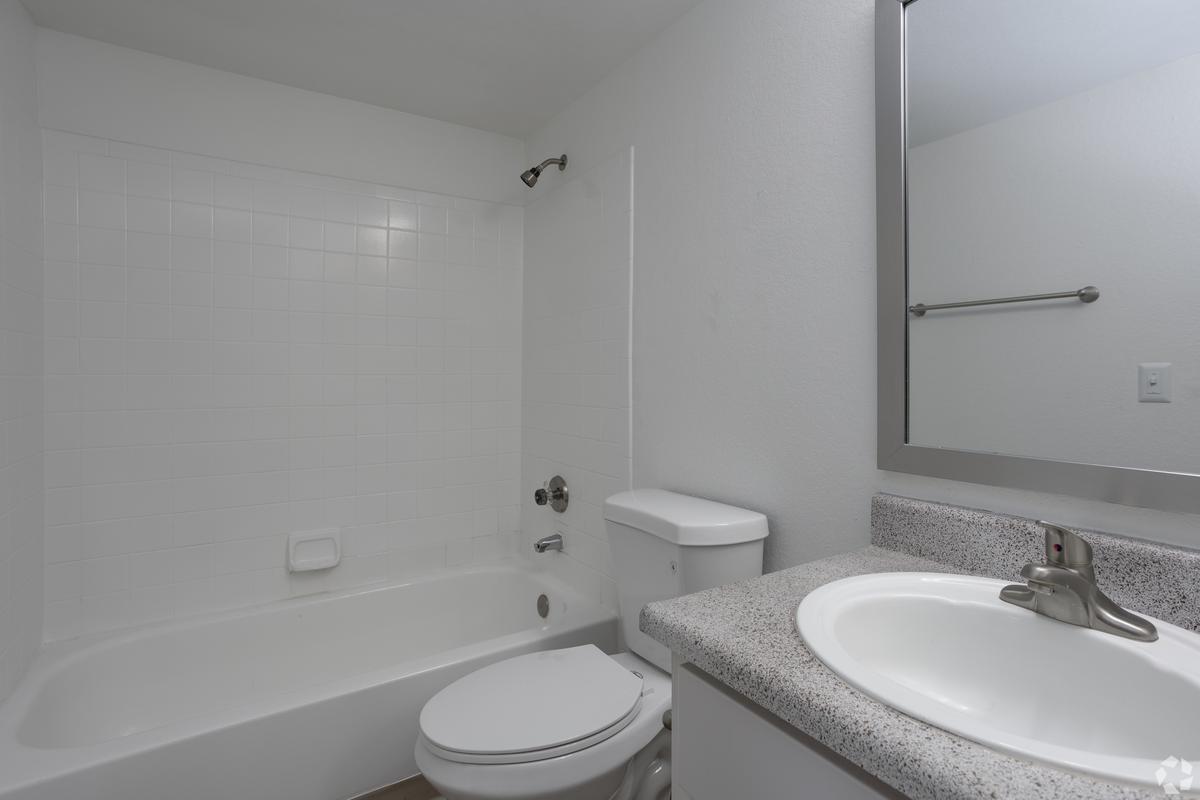 Vacant white bathroom: tub, toilet and vanity