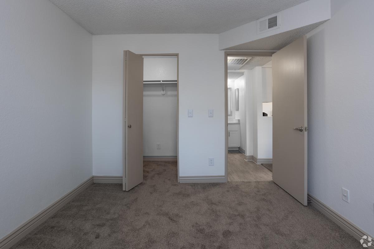 Vacant carpeted bedroom with open closet and two open doors