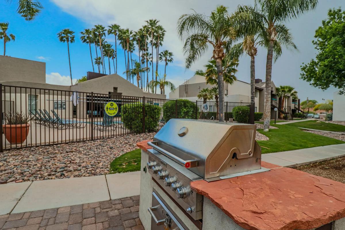 Stainless propane grill on a stone counter beside the fenced pool, palms behind